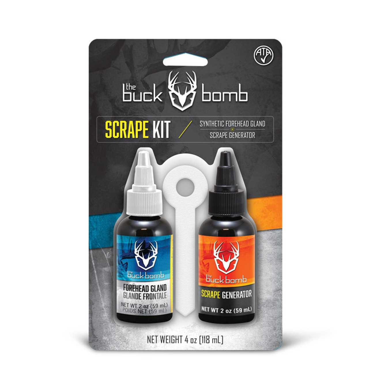 The Buck Bomb Scrape Kit includes both the 2oz Scrape Generator scent as well as the 2oz Synthetic Forehead Gland, a deadly combination for attracting bucks throughout the rut. Forehead Gland imitates the scent that comes from the forehead of a buck when he makes a rub, while Scrape Generator utilizes both Doe ‘n Estrus and BucRut scent to create the situation of a hot doe and buck in the area.

This kit is perfect to use in mock scrapes to cause bucks to come claim their territory. Also includes 4 spike wicks to use with the scents.

Features:

2oz Scrape Generator imitates a hot doe and buck
2oz Forehead Gland imitates the scent that comes from the forehead of a rubbing buck
Includes 4 spike wicks for use with liquid scent
Use in mock scrapes or on limbs near your treestand to cause bucks to come claim their territory