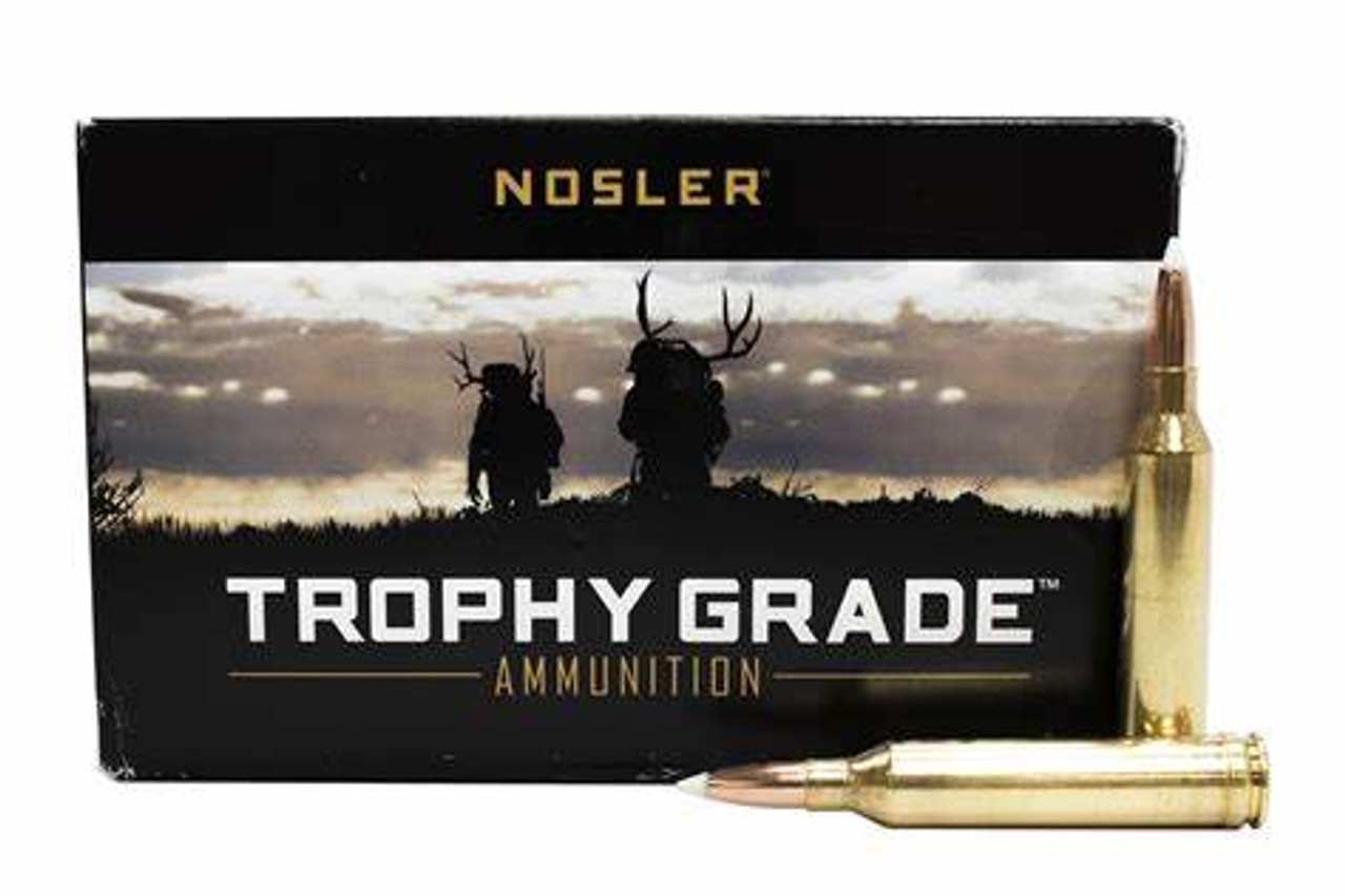 Loaded with a 130gr Spitzer AccuBond® Bullet and Nosler® Premium Brass

Nosler Trophy Grade™ ammunition is loaded with Nosler AccuBond® bullets. The AccuBond®’s unique white polymer tip assures accuracy and smooth chambering, while the boat-tail base at the rear of the bullet acts as a platform for large diameter mushrooms. Designed for accuracy near or far, Nosler’s Trophy Grade™ ammunition provides undeniable reliability.
VELOCITY (FPS)
Muzzle	100	200	300	400	500	600	700	800
3100	2900	2709	2526	2350	2128	2019	1864	1718
ENERGY (FT-LBS)
Muzzle	100	200	300	400	500	600	700	800
2773	2427	2118	1841	1594	1373	1176	1003	852
DROP IN INCHES (100 YRD ZERO)
Muzzle	100	200	300	400	500	600	700	800
-1.5	0	-2.6	-10	-22.9	-42	-68.5	-103.5	-148.5
DROP IN INCHES (200 YRD ZERO)
Muzzle	100	200	300	400	500	600	700	800
-1.5	1.3	0	-6.1	-17.6	-35.4	-60.6	-94.2	-137.9
