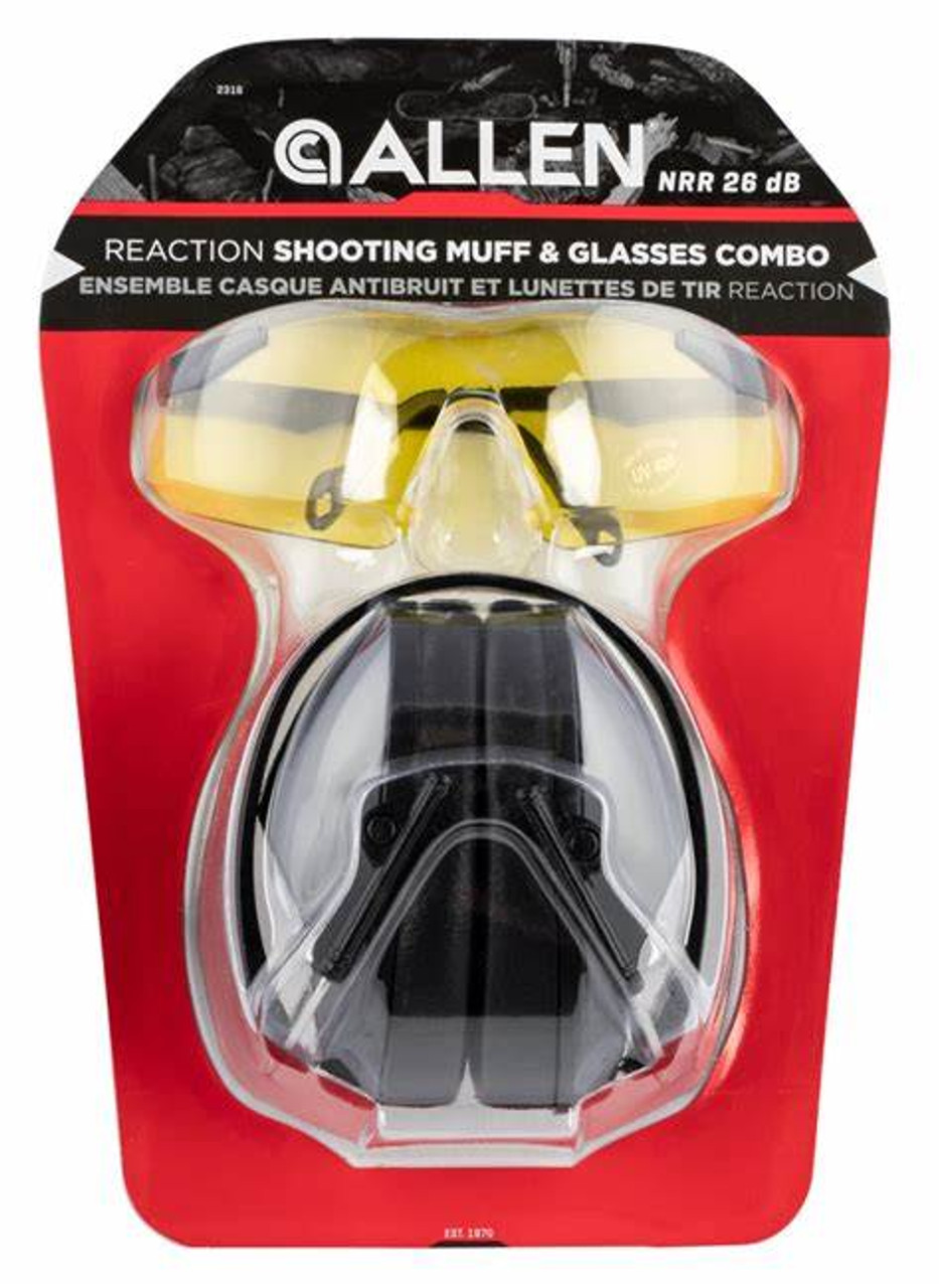 Allen Reaction Shooting Glasses & Muff Combo



The Reaction Lo-Profile Shooting Muff and Glasses Combo feature a shooting muff with Noise Reduction Rating (NRR) of 26dB that meets ANSI S3.19 and CE352 requirements. The low profile cups fold down easily for storage. The shooting glasses feature ANSI Z87+ high velocity impact resistance lenses with anti-scratch coating and a non-slip Rubber noise piece in a wrap around frame for a wide field of vision. What started over 50 years ago, with a single gun case, Allen Company has grown into one of the premier brands in the outdoor industry. We passionately focus on developing high quality hunting, shooting, archery, and tactical gear with affordability. As outdoor enthusiasts, we understand your passion for what you do and are excited to be the brand you choose for your next adventure. Whether you take to the field or the range, our products are designed and tested by outdoor experts to ensure optimal performance at the highest level. Your experience is only limited by your gear—discover your potential with Allen Company.

Features
Shooting Muff with Noise Reduction Rating (NRR) of 26dB
Glasses Feature ANSI Z87+ High Velocity Impact Resistant Lenses
Meets ANSI S3.19 and CE352 Requirements
Low Profile Cups Fold Down Easily for Storage
