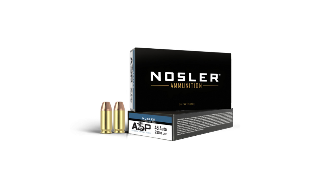 Loaded with a Assured Stopping Power™ 230 Grain Jacketed Hollow Point Bullet and Nosler Cartridge Brass. To ensure our reputation for quality and consistency, powder charges are meticulously weighed and finished rounds are visually inspected and polished. Each piece of brass is checked for correct length, neck-sized, chamfered, trued and flash holes are checked for proper alignment.

VELOCITY (FPS)
Muzzle	25 yds
850	833
ENERGY (FT-LBS)
Muzzle	25 yds
368	354