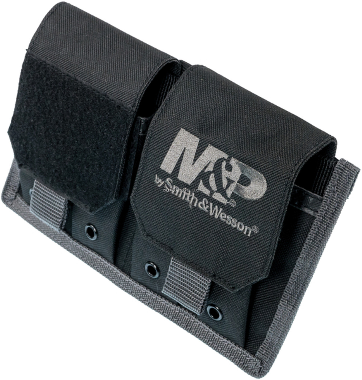 4 pistol magazine pouches. Will accept single or double stack magazines. Made of durable ballistic nylon fabric. 2 extra wide fold over flaps with hook & loop closure. Outside of 1 flap has loop backing to attach custom patches. Double stitch re-enforcement. Backside has 3 M.O.L.L.E. snap attachments. External dimensions: approx. 8.5 wide x 5.25 tall x 1.5 deep