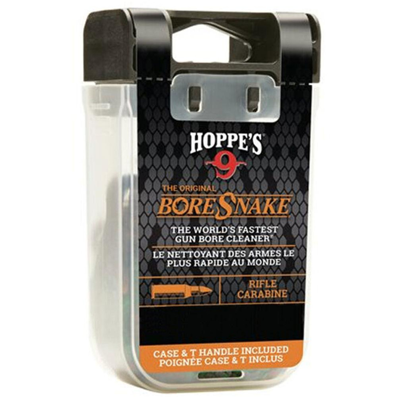 Hoppe's BoreSnake - cleaning cord with patented one-piece design for quick cleaning of firearm barrels. Thin guide cord with brass weight (with stamped caliber) for easy passage through the barrel. An integrated bronze brush cleans carbon deposits, while the extended end of the cord serves to remove loose dirt. Compact case. The case lid serves as a convenient handle for pulling the cord.