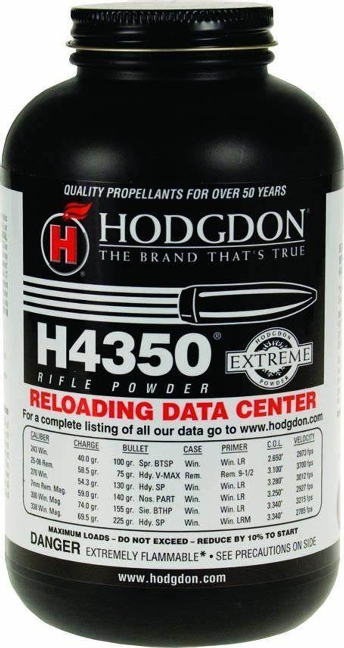 Hodgdon H4350 Extreme Powder

H4350 is an extruded propellant in our Extreme series that has been one of our most popular powders with shooters for decades. During that time, Hodgdon has modernized H4350 by shortening the grains for improved metering and making it insensitive to hot and cold temperatures.

H4350 is ideal in the WSM family of calibers (270, 7mm, 30, 325) and is also the standard in such cartridges as the 243 Winchester, 6mm Remington, 270 Winchester, 338 Winchester Magnum and many more. For magnums with light- to moderate-weight bullets, it can’t be beat!