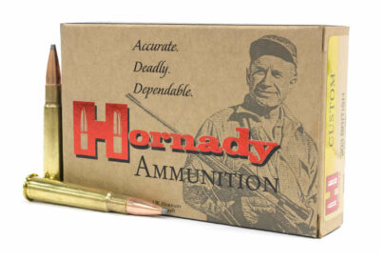 Hornady 303 British 150gr InterLock SP

Millions of successful hunts have proven the accuracy and deadly effect of the famous Hornady® InterLock,® SST,® InterBond® and GMX® bullets we load into Hornady® Custom™ rifle ammunition.

Every round of Hornady® Custom™ ammunition is hand inspected before packaging to ensure the highest levels of quality control. At Hornady,® we manufacture Custom™ ammunition to give shooters and hunters the advantage of handloaded accuracy in a factory load.