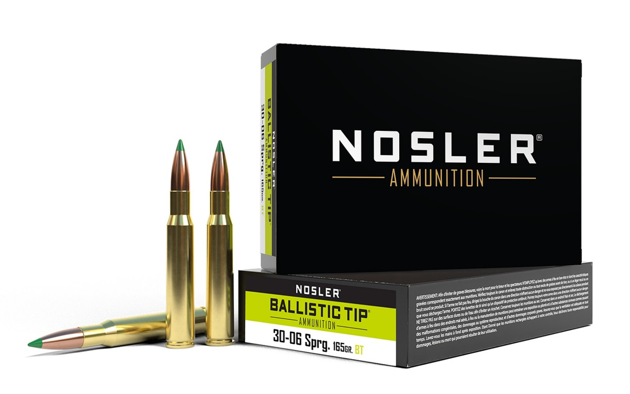 Loaded with a 165gr Spitzer Ballistic Tip® Hunting Bullet and Nosler® Premium Brass

Nosler Ballistic Tip® ammunition is loaded with the accurate and reliable Nosler Ballistic Tip® hunting bullet. The Ballistic Tip® hunting bullet’s heavily jacketed base acts as a platform for large-diameter mushrooms while the boat-tail design enhances long-range accuracy for devastating performance at all practical velocities. Delivering the accuracy, consistency and down range punch required for clean kills in all situations, Nosler’s Ballistic Tip® ammunition is optimized for maximum effectiveness on deer, antelope and hogs.
VELOCITY (FPS)
Muzzle	100	200	300	400	500	600	700	800
2950	2749	2557	2372	2196	2027	1866	1713	1571
ENERGY (FT-LBS)
Muzzle	100	200	300	400	500	600	700	800
3188	2768	2394	2062	1766	1505	1275	1075	904
DROP IN INCHES (100 YRD ZERO)
Muzzle	100	200	300	400	500	600	700	800
-1.5	0	-3.1	-11.5	-26.2	-48	-78.4	-118.7	-170.9
DROP IN INCHES (200 YRD ZERO)
Muzzle	100	200	300	400	500	600	700	800
-1.5	1.6	0	-6.9	-20	-40.2	-69	-107.8	-158.5