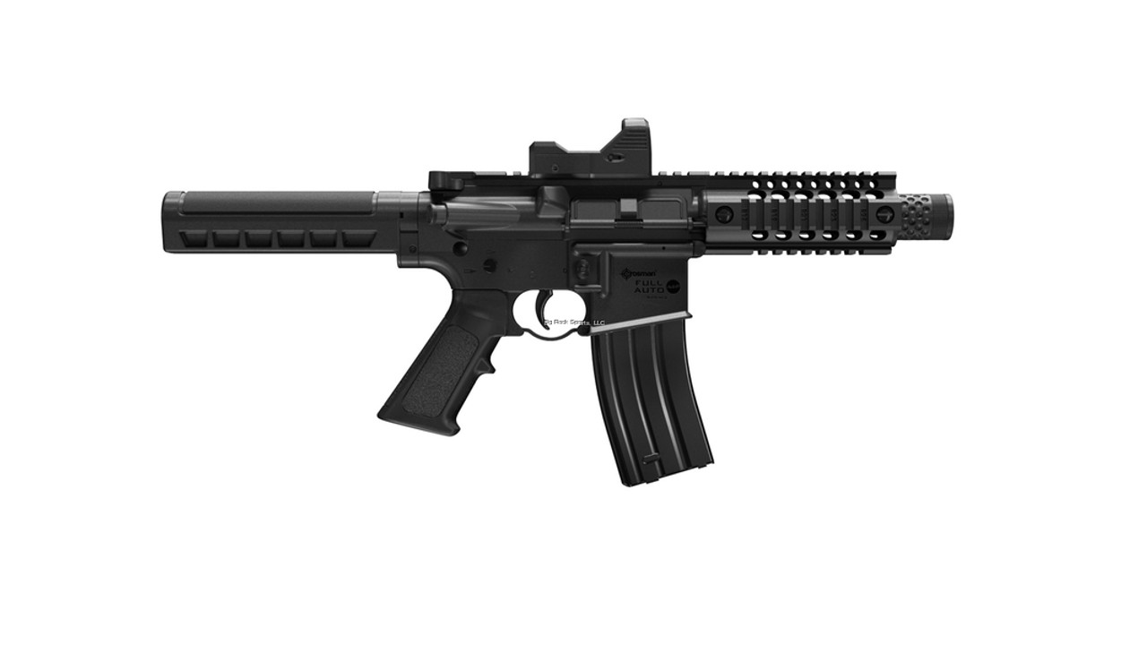 PRODUCT DETAILS
DETAILS
Make: Crosman
Model: A4-P (BB)
Caliber: BB
Powerplant: CO2
Action: Full/Semi-Auto
Barrel Material: Steel
Barrel Type: Smooth Bore
Material: Nylon Fiber
Mounting Rail: Picatinny
Weight: 6.00 lbs.
Safety: Selector
Steel BB Velocity: Up to 400 fps
Stock Material: Nylon Fiber
Stock Style: Adjustable

FEATURES
The Crosman® Full Auto A4-P BB air pistol redefines recreational backyard fun! Fueled by two 12-gram CO₂ cartridges housed in the 25-round magazine, these air pistols sling BBs at a blistering 400 fps with an intense 1400 round per minute rate of fire! The dual action selector lets you choose between semi and full auto capability and features a quad accessory rail and removable red dot sight. This pistol has it all, get ready to experience the fun that only a full auto BB gun can provide!

Tactical, dual action BB AR pistol
Fueled by two 12-gram CO₂ cartridges and delivers velocities of up to 400 fps
Intense 1400 round per minute rate of fire
25-rounds drop out magazine, compatible with traditional 4.5mm steel BBs
Removable sleeve, covers an AR compatible buffer tube
Realistic weight, blowback action and functions, great for skill development, training and fun