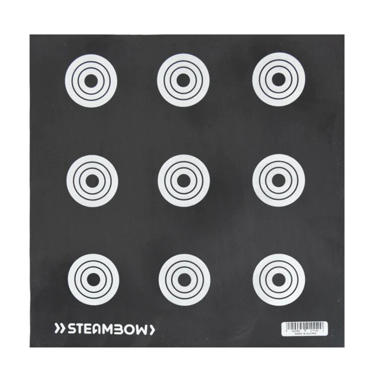 This high quality target is made in Austria by Steambow especially for the Stinger repeating crossbows.

On the front there are 9 small targets that are ideal for the AR-6 Stinger. There’s a large target on the reverse. So either side of this target can be used according to personal preference.

This mat can be shot at with the field tip arrows, hunting broadheads and Bodkin tipped arrows without any problems.