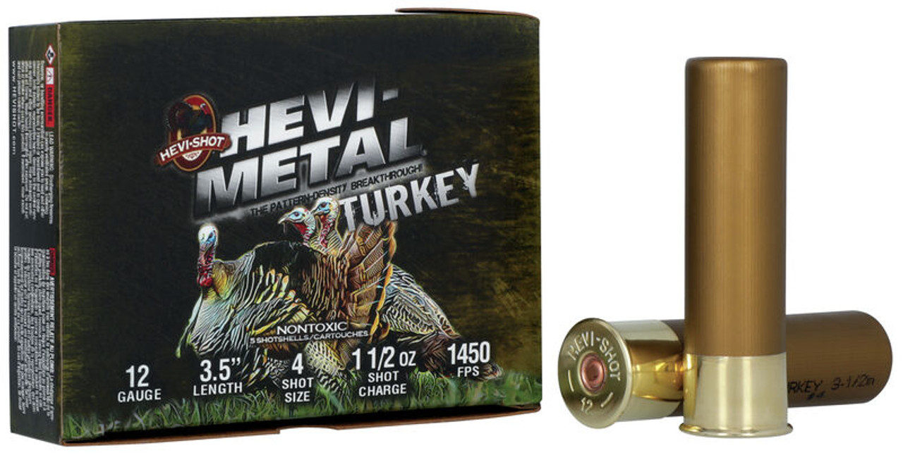 Targeting gobblers where lead shot is prohibited or preferred shouldn't put you at a disadvantage. HEVI-Shot® makes high-performance practical with HEVI-Metal® Turkey. We start with our top-quality steel pellets, then use Pattern Density Technology™ to layer in HEVI-Bismuth™ shot. This boosts pellet count and provides the density advantage of 9.6 g/cc shot, maximizing range and value. 

Pattern Density Technology
Leading 30 percent HEVI-Bismuth layer of No. 5 shot
70 percent No. 4 steel shot
Meets nontoxic requirements
Lethal performance on gobblers without the high price tag
Specs
Gauge	12 Gauge
Shot Size	4 and 5
Muzzle Velocity	1450
Shotshell Length	3-1/2in. / 89mm
Type	Bismuth/Steel
Shot Charge Oz	1 1/2
Density	Bismuth 9.6 g/cc over Steel 7.8 g/cc
Package Quantity	5
Usage	Turkey