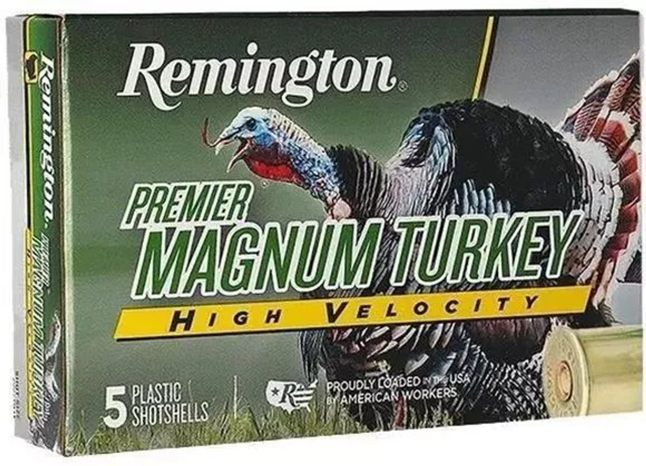 Today's turkey guns have evolved from "scatterguns" to highly refined, special purpose machines – engineered to deliver shot patterns at greater distances with "rifle-like" accuracy. Remington's  Premier® High-Velocity Magnum Turkey Loads add a whole new dimension to this high-performance package. With Remington's specially blended powder recipe, advanced Power Piston® one-piece wad and hardened copper-plated shot, these high velocity loads deliver extremely dense patterns and outstanding knockdown power like clockwork.

Specs
Gauge	12 Gauge
Shot Size	4
Muzzle Velocity	1300
Package Quantity	5
Type	Lead
Shot Charge Oz	2
Shotshell Length	3-1/2in. / 89mm
Density	11 g/cc
Usage	Turkey
Downloads