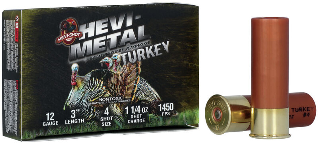 Targeting gobblers where lead shot is prohibited or preferred shouldn't put you at a disadvantage. HEVI-Shot® makes high-performance practical with HEVI-Metal® Turkey. We start with our top-quality steel pellets, then use Pattern Density Technology™ to layer in HEVI-Bismuth™ shot. This boosts pellet count and provides the density advantage of 9.6 g/cc shot, maximizing range and value. 

Pattern Density Technology
Leading 30 percent HEVI-Bismuth layer of No. 5 shot
70 percent No. 4 steel shot
Meets nontoxic requirements
Lethal performance on gobblers without the high price tag
Specs
Gauge	12 Gauge
Shot Size	4 and 5
Muzzle Velocity	1450
Shotshell Length	3in. / 76mm
Type	Bismuth/Steel
Shot Charge Oz	1 1/4
Density	Bismuth 9.6 g/cc over Steel 7.8 g/cc
Package Quantity	5
Usage	Turkey
