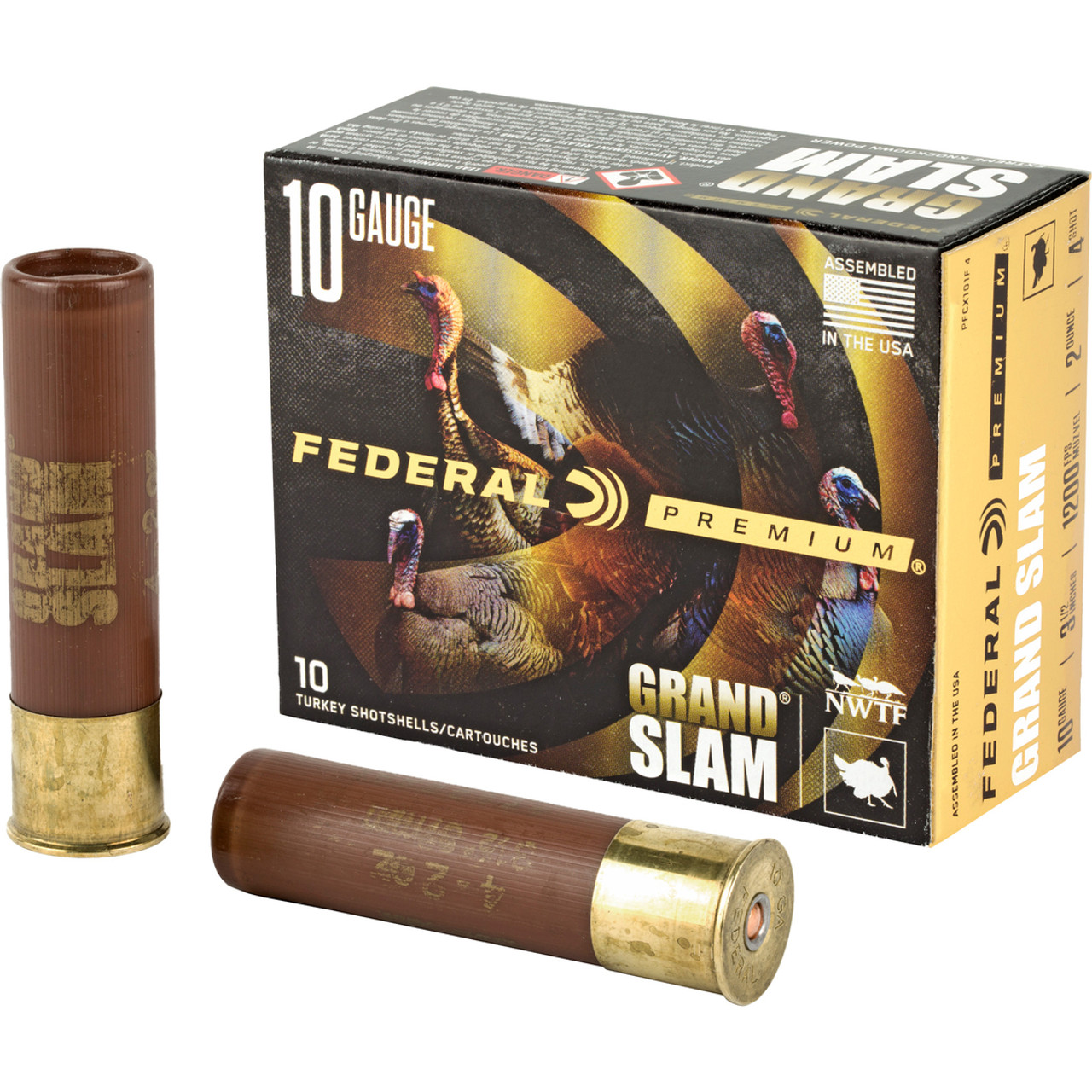 Extend the range and enhance the lethality of lead turkey payloads with Federal Premium Grand Slam. Its FliteControl Flex wad system works in both standard and ported turkey chokes, opening from the rear for a controlled release of the payload and extremely consistent patterns. The high-quality copper-plated lead pellets are cushioned with an advanced buffering compound to provide dense patterns and ample energy to crush gobblers. Contains: Federal, Grand Slam, 10 Gauge 3.5 in., #4, 2 oz., 10 Round Box. Model: FEPFCX101F4.
 
Specifications

Advertised Origin	Made in the USA

Shot Size	#4
Brand	Federal Ammunition
Width	3.5 Inch
Weight	29 Ounce
 
Care Information	N/A
Height	1.75 Inch
Length	4.5 Inch
Returnable	 
Type Ammunition	Shotgun
Caliber	10 gauge