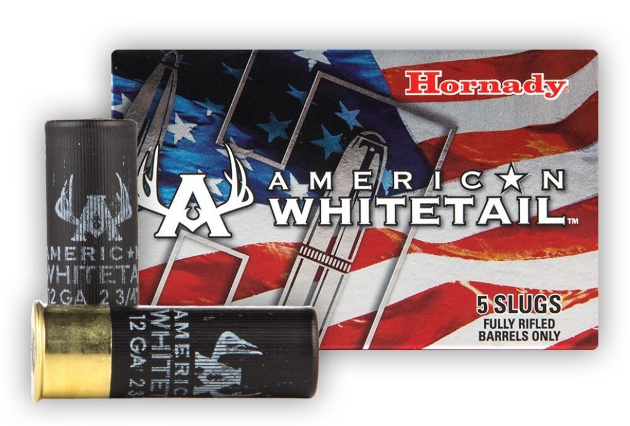 Designed for fully rifled barrels, Hornady® American Whitetail® Slugs are loaded with 325-grain Hornady® InterLock® bullets. A hollow point serrated design initiates rapid expansion upon impact, and a tough, lead alloy core is lethal out to 200+ yards. The rigid polycarbonate sabot ensures accuracy. The end result is an accurate delivery system for a tough shotgun slug capable of taking the biggest midwestern whitetails.

Product Features
InterLock® ring that locks the core and jacket together to deliver controlled expansion combined with excellent weight retention, energy and accuracy.
Hollow point bullet design initiates rapid expansion upon impact.
Serrated lead core and jacket allow for even expansion at low velocities.
Lead alloy core is tough enough for the biggest whitetail.
Rigid polycarbonate sabot with exclusive buffer disc combine to open uniformly without compromising accuracy.
TEST BARREL (24")
MUZZLE
50 YARDS
100 YARDS
150 YARDS
200 YARDS
 
VELOCITY
(FPS)
ENERGY
(FT/LB)
TRAJECTORY
(INCHES)
1825
2403
-1.5
1651
1967
2.5
1492
1606
3.2
1349
1313
0
1227
1086
-7.9

Additional Information
SABOTED SLUG FOR RIFLED BARRELS
Designed for fully rifled barrels, Hornady® American Whitetail® Slugs are loaded with 325-grain Hornady® InterLock® bullets. A hollow point serrated design initiates rapid expansion upon impact, and a tough, lead alloy core is lethal out to 200+ yards. The rigid polycarbonate driver in the sabot ensures accuracy. The end result is an accurate delivery system for a tough shotgun slug capable of taking the biggest midwestern whitetails.
SABOTED INTERLOCK®
InterLock® bullet with hollow point, serrated design and tough lead alloy core delivers maximum expansion and high weight retention.