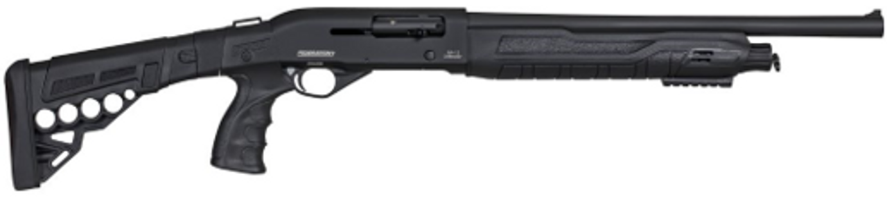 Federation Firearms SA-12 Defender, 12ga 3″ semi-automatic shotgun, adjustable synthetic stock plus bird’s head grip. 18.5″ Barrel. 3 Chokes.