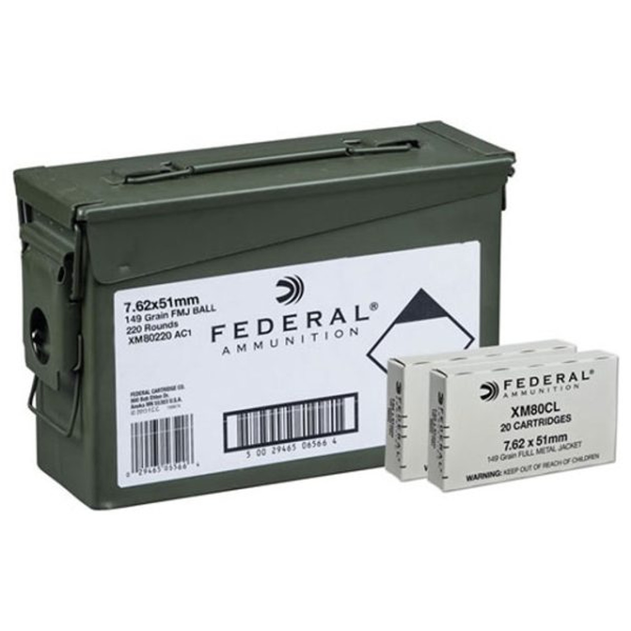 Federal 7.62x51mm NATO Ammo 149 Grain Full Metal Jacket 220 Rounds Ammo Can review offers the following information; For nearly a century Federal Ammunition has put its focus on manufacturing quality products with cutting edge technology. This dedication to excellence has given Federal a competitive edge as an ammunition technology giant. Today the company is well known for producing high grade centerfire, rimfire, and shotshell ammunition that shooters everywhere know and trust.

Federal 7.62 ammo features a 149 grain steel core magnetic copper plated Full Metal Jacket bullet. It also features a non corrosive boxer primer and brand new never fired virgin brass case that can be reloaded up to seven times for those shooters that love to reload their 308 Winchester ammunition. This Federal 7.62x51mm ammo is Mil-Spec and offers a muzzle velocity of 2700 feet per second. Conveniently packaged in a high quality ammo can with 220 rounds, Federal Premium Mil-Spec ammunition is perfect for target and practice shooting as well as long distance target shooting. Order a case of Federal Premium M80 7.62x51mm bulk ammo receive free shipping from Target Sports USA.

Federal Premium ammunition is made in the world famous Lake City Ammunition Plant right here in the United States for the US military. Run and operated by Federal Ammunition, all over runs and access Lake City ammunition gets sold at the Civilian Market. Usually priced low and inexpensive, Federal Lake City ammo is high quality ammunition sold cheap, therefore making it a bargain for any shooter when available for sale.

MPN	XM80220 AC1
MPN	029465565664
Manufacturer	FEDERAL AMMO
Caliber	308 WINCHESTER/7.62X51MM NATO AMMO
Bullet Type	Full Metal Jacket
Muzzle Velocity	2735 fps
Muzzle Energy	2485 ft. lbs
Primer	Boxer
Casing	Brass Casing
