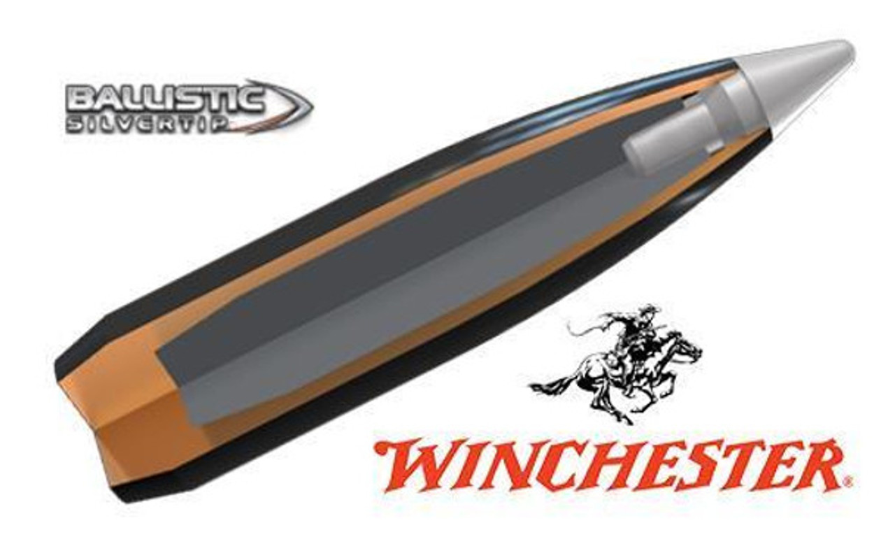 Winchester's Silvertip rounds are polymer tipped for rapid controlled expansion, massive knockdown, and moderate penetration.

Features

Polymer Tip
Alloyed Lead Core
Contoured Jacket
Lubalox ® (Black Oxide) Coating
Rapid Controlled Expansion
Specifications

Caliber: .308 Winchester
Grains: 150 Grain
Volume: 20 rounds
Style: Polymer tipped hunting
Muzzle Velocity: 2810 fps
Ballistic Co-Efficient: 0.435