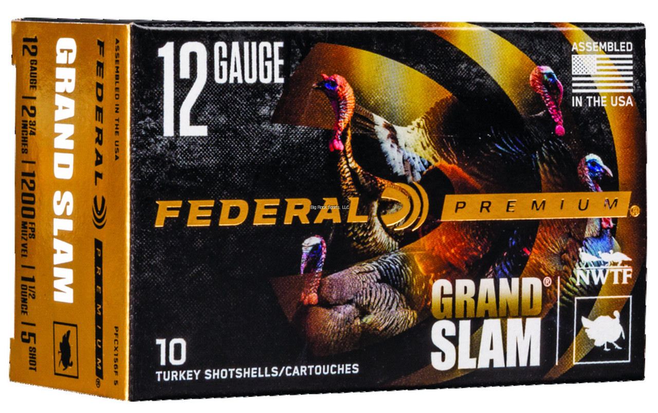 Product Description

Extend the range and enhance the lethality of lead turkey payloads with Federal Premium® Grand Slam®. Its FLITECONTROL FLEX™ wad system works in both standard and ported turkey chokes, opening from the rear for a controlled release of the payload and extremely consistent patterns. The high-quality copper-plated lead pellets are cushioned with an advanced buffering compound to provide dense patterns and ample energy to crush gobblers.

FLITECONTROL FLEX™ wad ensures dense patterns through both standard and ported turkey chokes
Copper-plated lead shot
Buffering prevents pellet deformation for more consistent patterns
Roll crimp and clear card wad keep buffering in place
A portion of the proceeds are donated to the National Wild Turkey Federation
10-count pack

Gauge - 12 Gauge
Shot Size - 5
Muzzle Velocity - 1200
Shotshell Length - 2-3/4in. / 70mm
Type - Copper Plated Lead
Shot Charge Oz - 1 1/2
Payload Pellets - 255.0
Density - 11 g/cc
Package Quantity - 10
Usage - Turkey

