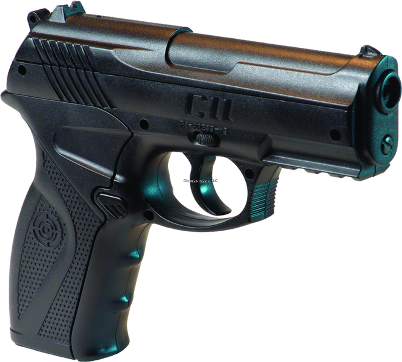 This.177iber semi-automatic CO2 powered pistol combines hand-held comfort with quality components, at an affordable price. It features a velocity of up to 480' per second and an accessory rail in front of the trigger guard. Also features a removable magazine for BBs, as well as grips that slide back for easy replacement of CO2 Powerlets.