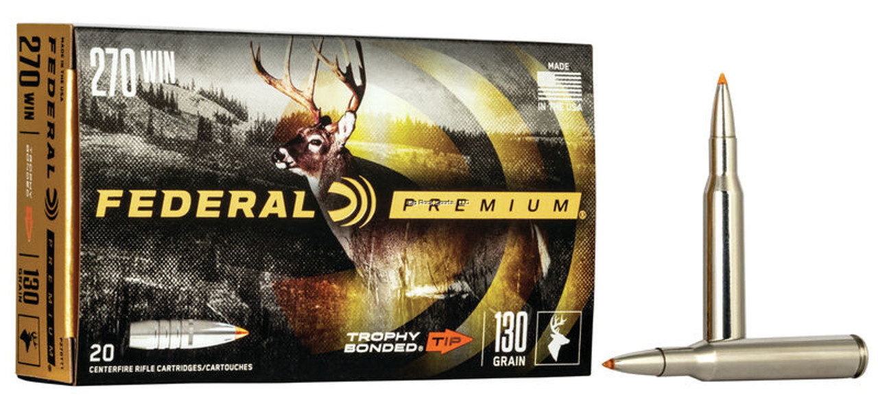 The Trophy Bonded Tip is different than any other hunting bullet, combining bonded construction and a bone-crushing solid copper shank with a boat-tail design and polymer tip that tighten groups at long range. 20 rounds per box.

Additional Specs
Ammunition Type
Rifle
Bullet Weight (grains)
130
Bullet/Shot Composition
Lead
Caliber/Gauge
270 WIN
Package Type
Box
Rifle Bullet Style/Type
Trophy Bonded Tip
Rounds per box
20