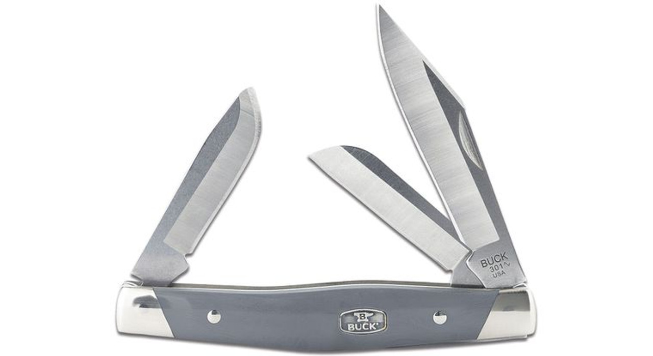BU0301GYS2: 0301GYS2 Stockman Slipjoint - Gray Synthetic
Buck Knives
The Buck 0301 Stockman is a classic slipjoint folding knife built for versatility and reliability. Featuring three 420HC stainless steel blades—a 3.00-inch clip point, a 2.14-inch sheepsfoot, and a 2.05-inch spey—it covers a wide range of everyday cutting needs with exceptional sharpness and corrosion resistance. The knife has a durable gray synthetic acetal copolymer handle, complemented by nickel silver bolsters for a traditional yet robust design. At 4.00 inches closed and weighing just 3.07 ounces, it’s compact and easy to carry. Made in the USA, this time-tested pocket knife is perfect for practical use or as a collector's item.

 
 
Specifications
Blade Length: 3.00" Clip Point, 2.14" Sheepsfoot, 2.05" Spey
Closed Length: 4.00"
Overall Length: 7.00"
Blade Material: 420HC Stainless Steel
Blade Thickness: 0.090"
Blade Style: Clip Point, Sheepsfoot, and Spey
Blade Grind: Flat
Blade Finish: Satin
Handle Material: Gray Synthetic Acetal Copolymer with Nickel Silver Bolsters
Locking Mechanism: Slipjoint (non-locking)
Weight: 3.07 oz.