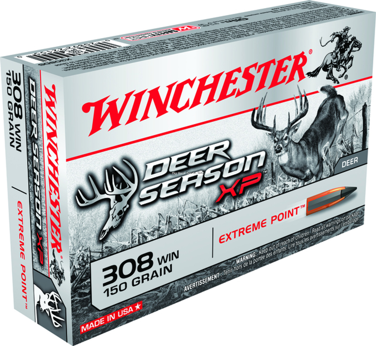 Deer Season XP combines decades of Winchester experience into the perfect choice for deer hunting ammunition. Accuracy, combined with massive bullet impact performance means that Deer Season XP is a great choice for all deer hunters. The large diameter polymer tip accelerates bullet expansion for rapid trauma upon impact, while the streamlined ballistic profile optimizes the bullet's downrange performance. This load was built specifically for deer hunting and taking down big bucks. 20 rounds per box.

Additional Specs
Ammunition Type
Rifle
Bullet Weight (grains)
150
Bullet/Shot Composition
Lead
Caliber/Gauge
308 WIN

Package Type
Box
Rifle Bullet Style/Type
Extreme Point Polymer Tip
Rounds per box
20