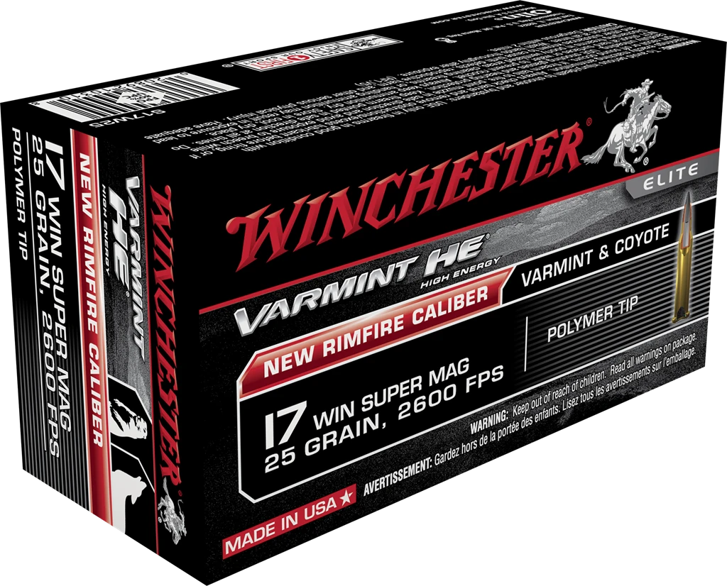 The new 17 Win Super Mag caliber ballistically exceeds the velocity, energy, trajectory and wind drift characteristics of all rimfire products currently available. The highest velocity rimfire cartridge in the world!
Usage:  
Brand:Varmint HE
Rounds per box:50

2-1/2 times the down range energy of 17 HMR
 
Over 40% flatter trajectory and reduced wind drift compared to 17 HMR
 
The fastest rimfire in the world