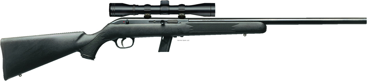 FEATURES
Mounted and boresighted 3-9x40mm scope
21-inch heavy barrel
Rugged black matte synthetic stock
10-round detachable box magazine
Straight-blowback action
Drilled & Tapped Receiver
Ten rounds have never been so much fun. The Model 64 FVXP combines Savage's legendary accuracy with a reliable straight-blowback semi-automatic action fed by a detachable 10-round box magazine. The rifle comes ready to shoot thanks to a mounted and boresighted 3-9x40mm scope. The 21-inch, carbon steel heavy barrel is perfectly balanced to the rugged black matte synthetic stock.

 
Property	Value
Product Family/Group	
64 FVXP

SKU	
45100


Caliber	22 LR
Purpose	Small Game, Target Shooting
Firearm Type	Rimfire
Action Type	Semi-Auto
Handed	Right

Barrel Color	Black
Barrel Contour	Varmint
Barrel Finish	Matte
Barrel Length	21" (53.34 cm)
Barrel Material	Carbon Steel
Rate of Twist	1:16"
Barrel Threaded	No
Pistol Grip	No
Interchangeable Grip Panel	No
Magazine Capacity	10
Magazine Release	Ambidextrous
Receiver Color	Black
Receiver Finish	Matte
Receiver Material	Carbon Steel
Feed Type	Detachable Box Magazine
Scope Bases	2 Piece, Weaver Style
Scope Mounted and Sighted	Yes
Scope Power	3-9x40
Scope Rings	Weaver Style, Medium
AccuStock	No
Stock Butt Color	Black
Stock Butt Type	Recoil Pad
Stock Color	Black
Stock Finish	Matte
Stock Fixed	Yes
Stock Material	Synthetic
Stock QD Studs Color	Black
Stock QD Studs Quantity	2
Stock Thumbhole	No
Stock Type	Varmint
AccuTrigger	No
Trigger Pull Force - Min.	1 lbs (16 ounces)
Trigger Pull Force - Max.	1 lbs (16 ounces)
Length	40" (101.6 cm)
Weight	5.5 lbs (2.49 kg)