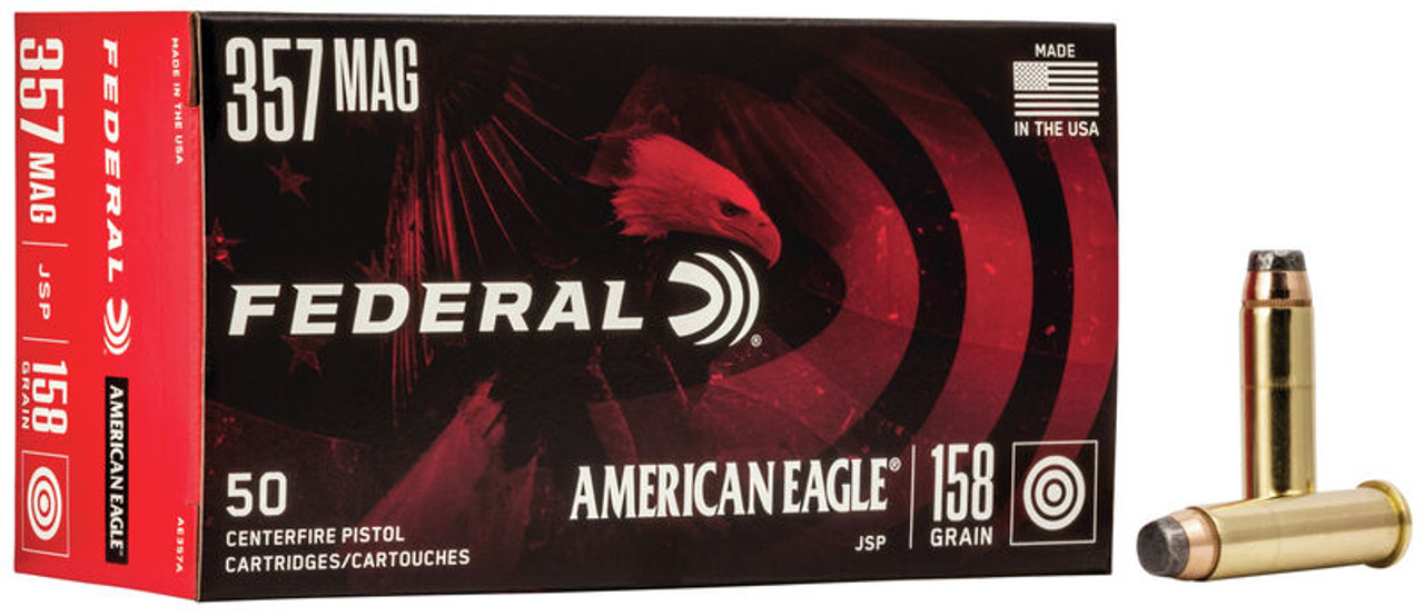 Federal American Eagle 357 Magnum Ammo 158 Grain Jacketed Soft Point AE357A – 50 Rounds–

American Eagle is designed specifically for target shooting, training and practice. This proven line of target shooting ammunition provides performance similar to top loads for a familiar feel and realistic practice.

Caliber: 357 Magnum
Bullet Weight: 158 Grain
Bullet Style: Jacketed Soft Point
Bullet Casing: Brass
Bullet Primer: Boxer, Non-Corrosive
Muzzle (Velocity): 1240 fps
Muzzle (Energy): 540 ft. lbs.
Factory New
Made in the USA By Federal Cartridge Company in Anoka, Mn.
Manf. Part #: AE357A