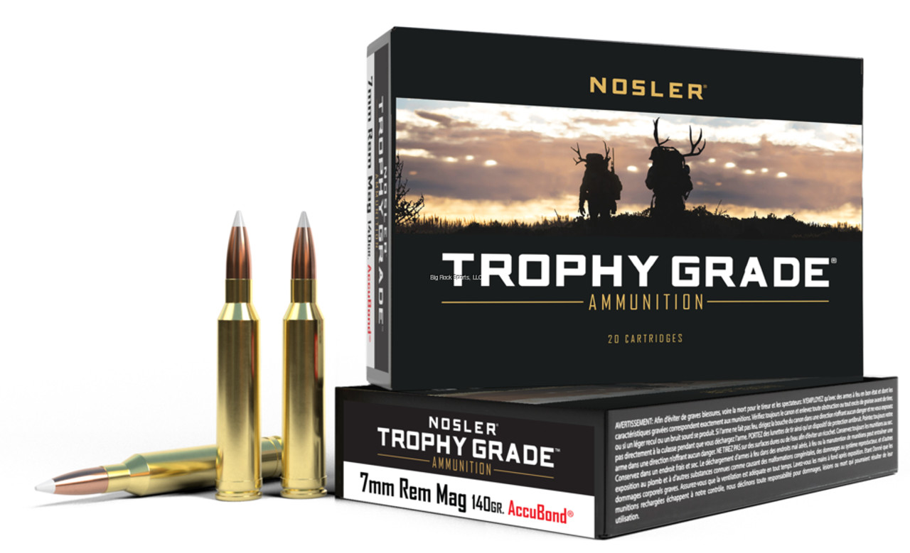 Loaded with a 140gr Spitzer AccuBond® Bullet and Nosler® Premium Brass

Nosler Trophy Grade™ ammunition is loaded with Nosler AccuBond® bullets. The AccuBond®’s unique white polymer tip assures accuracy and smooth chambering, while the boat-tail base at the rear of the bullet acts as a platform for large diameter mushrooms. Designed for accuracy near or far, Nosler’s Trophy Grade™ ammunition provides undeniable reliability.

More Information
Product Name	7mm Rem Mag 140gr AccuBond Trophy Grade Ammunition
Country of Manufacture	United States
Box Qty	20
Manufacturer SKU	60033
Type	Ammunition
UPC	54041600330
Proposition 65	Yes
Shipping Restrictions	Yes
Cartridge	7mm Remington Magnum
Ammunition Use	Deer Sized Game
Bullet Profile	Spitzer
Bullet Type	AccuBond
Bullet Weight	140gr
Lead Free	No
Test Barrel Length	24"
Test Barrel Twist	1-9.5"
Handgun Ammunition	No
