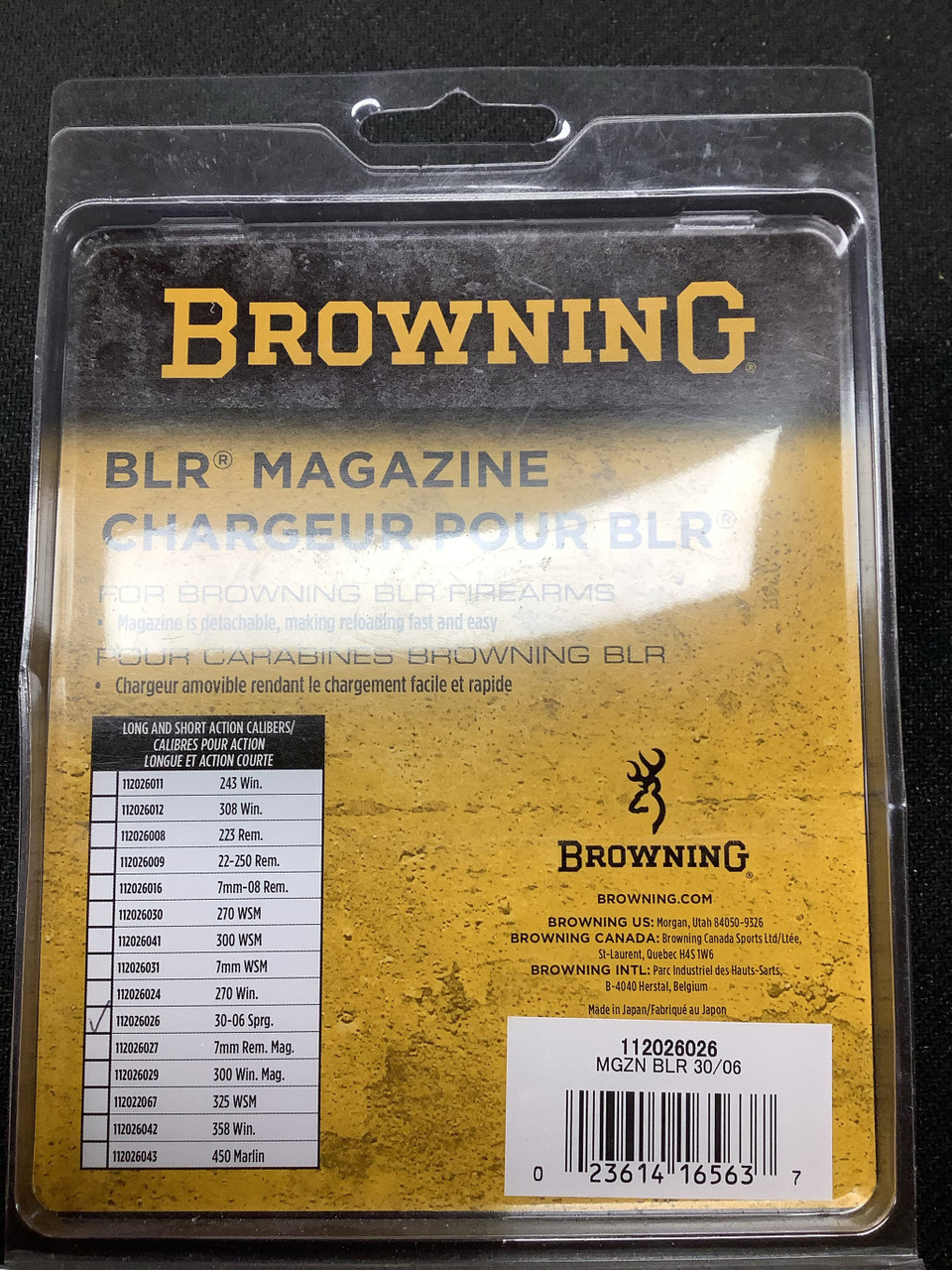 Browning BLR 30-06 Sprg Magazine – 4Rds

The BLR is one of the earliest Browning rifles with a fully detachable magazine. It clearly broke the mold when it departed from a tubular magazine design. These are quality spare magazines made to the exact specifications as the one provided with your rifle. Available in 15 calibers to fit any hunter’s needs.

Flush-mounted detachable box magazine
Capacity is three rounds in magnum calibers and four rounds in standard calibers
Item Number: 112026026