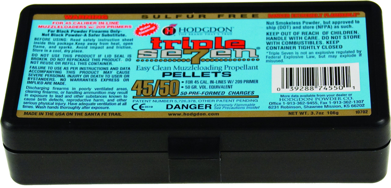 Triple Seven 45/50 Pellets are 45-caliber, 50 grain pellets designed for in-line 45 caliber rifles. As with all Triple Seven products, clean-up is quick and easy with plain water.
These pellets may be used in 45 caliber rifles with saboted 40 caliber bullets for game from squirrel to deer. Designed for use with 209 shotshelll primers only.
Made in the USA by Hodgdon Powder Company. 
Available in a 50-pellet box. Triple Seven 45/50 Pellets are 45-caliber, 50 grain pellets designed for in-line 45 caliber rifles. As with all Triple Seven products, clean-up is quick and easy with plain water.
These pellets may be used in 45 caliber rifles with saboted 40 caliber bullets for game from squirrel to deer. Designed for use with 209 shotshelll primers only.
Made in the USA by Hodgdon Powder Company. 
Available in a 50-pellet box.