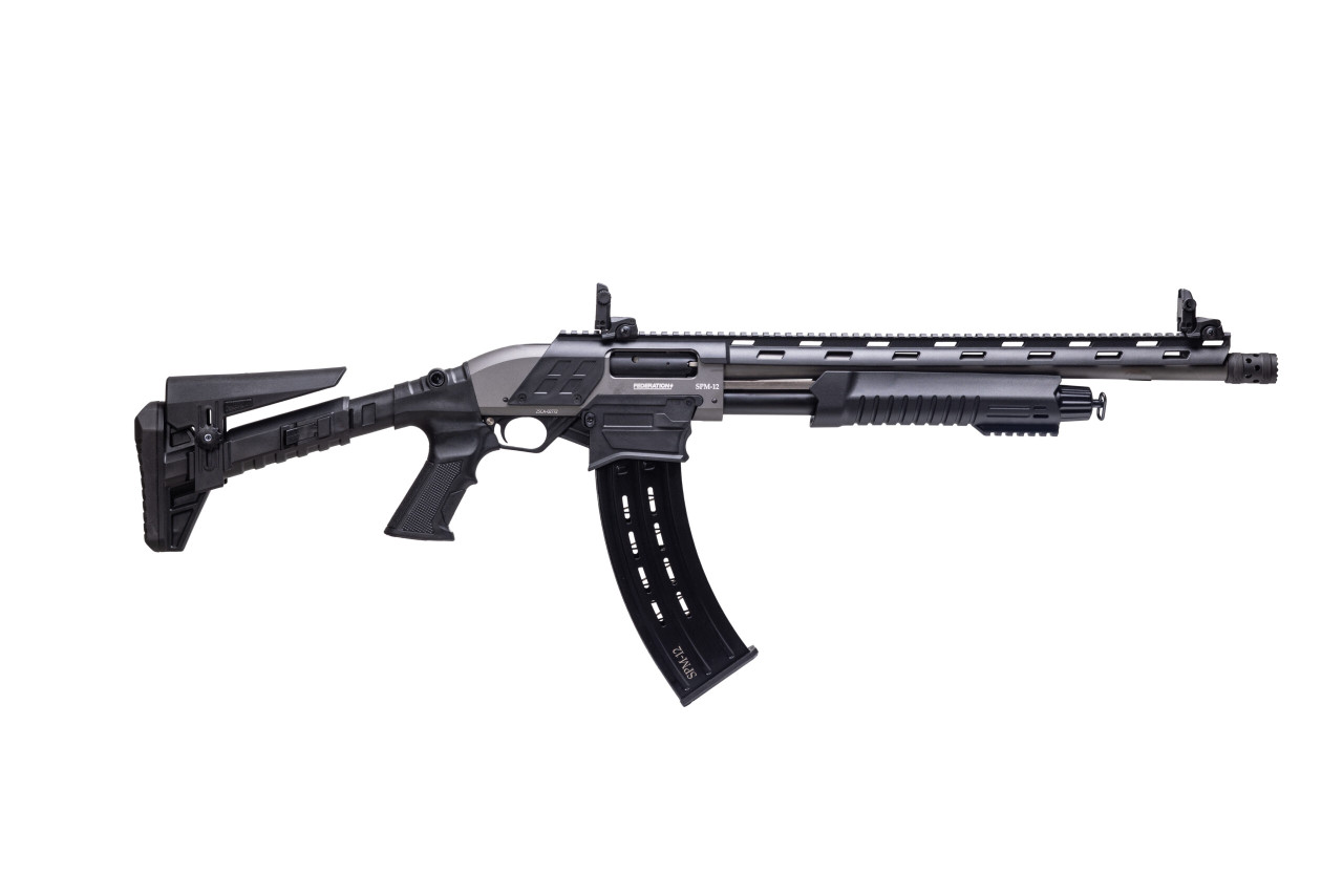 Federation Firearms SPM-12, 12ga 3″ magazine-fed pump action shotgun. 18.7″ barrel, adjustable stock, full length polymer barrel rail, 3 chokes (C, M, F), flash hider, flip-up sights, branded sling, 1 10-round magazine. Grey finish. Made in Turkey, non-restricted in Canada