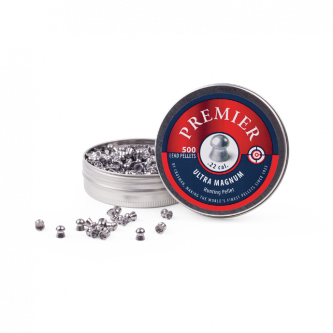 The Crosman Premier .22 airgun pellets are the finest domed pellets that Crosman has to offer. The Premier pellet line is the #1 choice of field target shooters around the world.
Specifications and Features:

Excellent for hunting / Max. shock effect; The most trusted name is airsoft and air gun accessories and equipment
Made using the highest quality components, Pellet Caliber/Weight: 0.22 caliber, 14.3 grain 500 count reusable tin
Excellent at Close Range: Hunting and target pellet with the most down range energy
Each pellet is guaranteed for maximum quality and accuracy. Even the tin is carefully designed and crafted, Screw on lid prevents accidental pellet spills
Perfect for Hunting: The knockdown power and shock delivered by the partitioned hollowpoint means one shot is all you need to make a clean, humane kill: ideal for rabbits, squirrels, skunks, and other pests
0.22 caliber, 14.3 grain
500 count reusable tin
Hunting and target pellet with the most down range energy