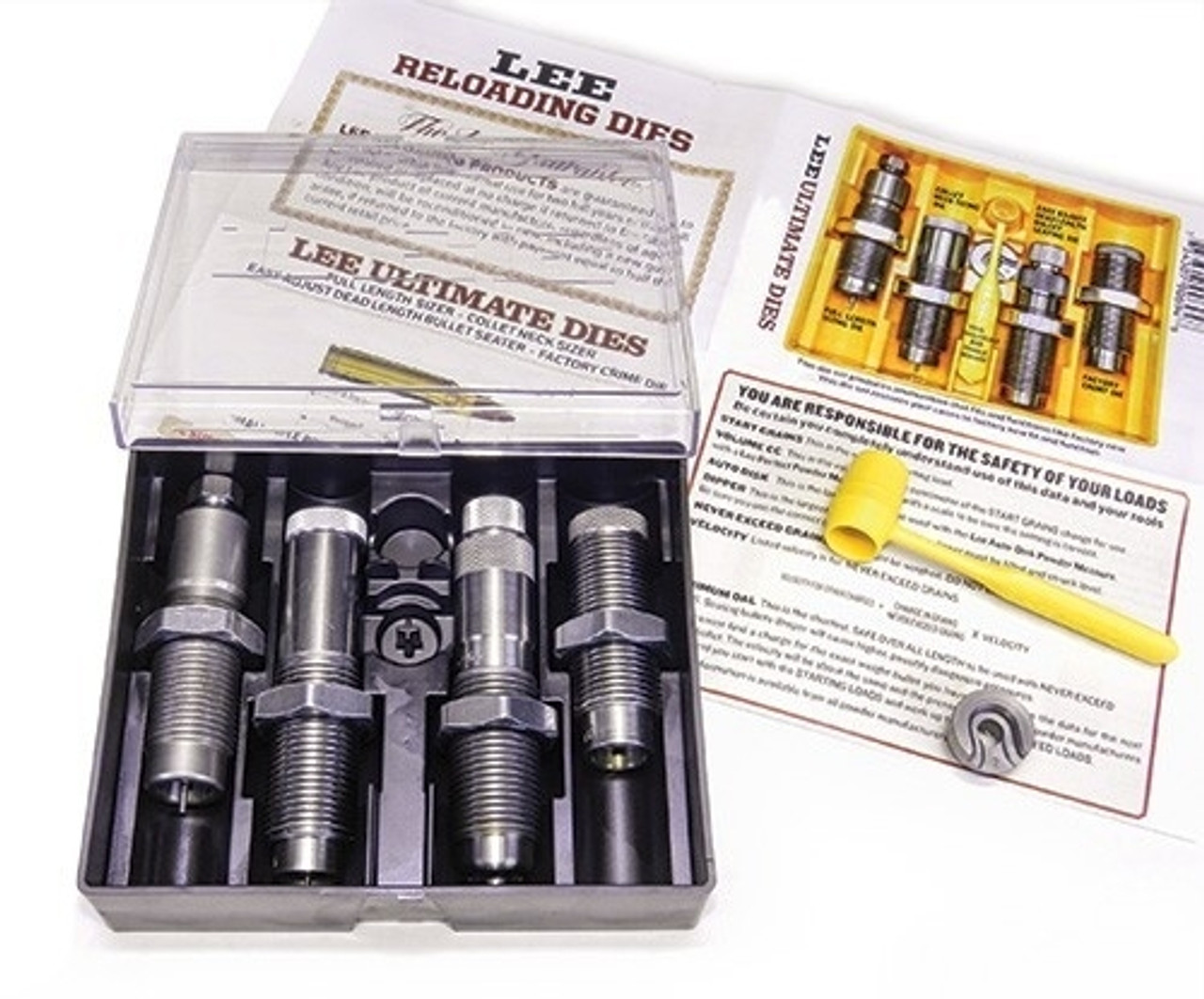30/06 Ultimate Rifle 4-Die Set. Choose this die set for maximum versatility. The set features a full length-resizing die to return brass to factory new dimensions, perfect for reloading brass fired in other guns. The Collet Necksizing die is used on your fire formed brass giving you best possible accuracy. No case lube required when using the Collet Necksizing die and cases last almost forever. The Easy Adjust Dead Length Bullet seating die foolproofs the bullet seating adjustment, and assures perfect seating depth every time. The Factory Crimp die provides a secure crimp on bullets with or without a crimp groove. In most cases it helps accuracy by providing a uniform higher start pressure and gives the finished cartridge Factory like accuracy and dependability. The set is complete, with shell holder, powder measure and famous Lee load data featuring all common brands of powder organized in a easy to read logical format.