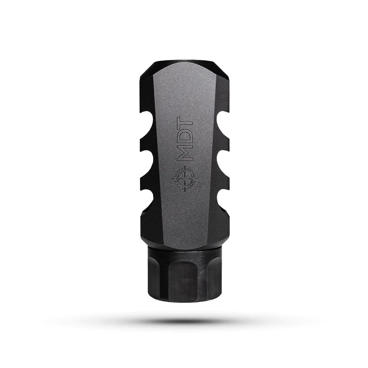 The MDT Elite Muzzle Brake reduces recoil helps you to spot impacts.

The MDT Elite Muzzle Brake has 35 degree angled baffles for increased recoil reduction while keeping a more streamlined design.

By reducing recoil up to 66% the follow-up shot speed and accuracy is greatly improved while a straight cut through the rear baffle reduces concussive forces. MDT Muzzle Brakes are constructed out of alloy steel with a nitride finish and are provided with an overlapping lock nut. The nut offers some tuneability, as well as the ability to index the brake to make it straight. Perfect for recoil-sensitive shooters. Must be used on threaded barrels.