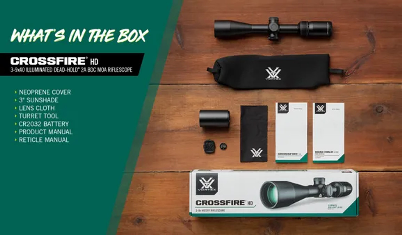 Vortex Crossfire HD 3-9x40 Illuminated Dead-Hold 2A BDC (MOA) Reticle 1" Tube Vortex Crossfire HD 3-9x40 Illuminated Dead-Hold 2A BDC (MOA) Reticle 1" Tube