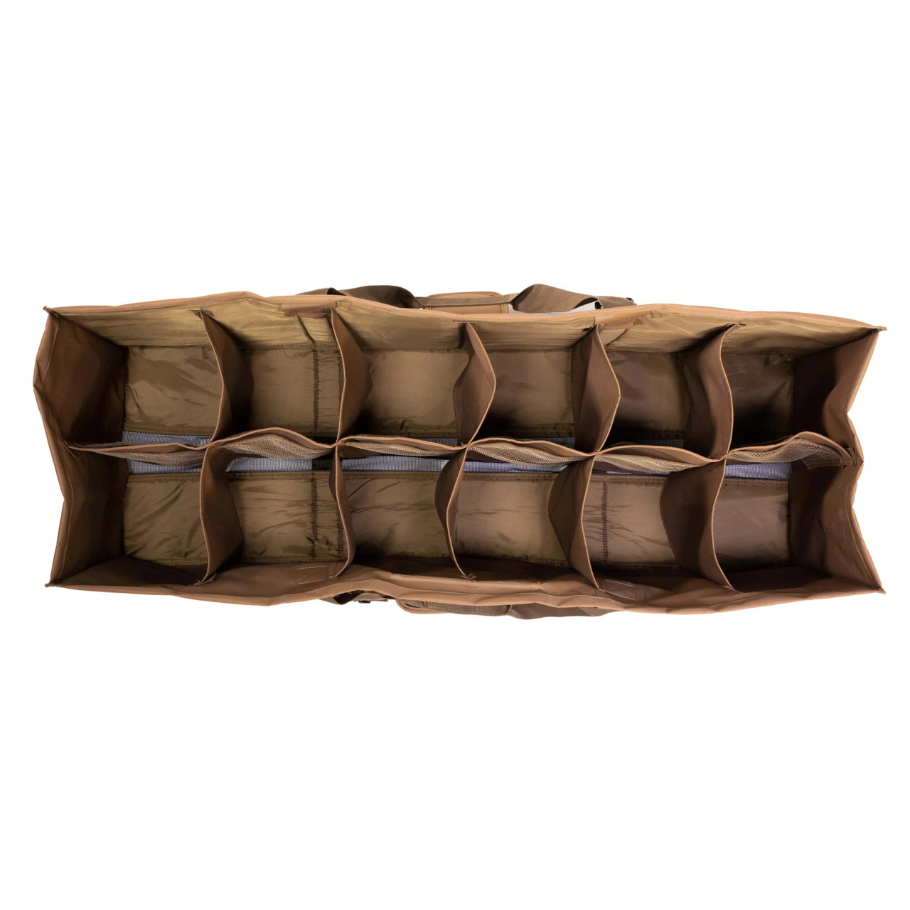 Bag size 48"x17"x16" Each slot size 7"x8"16" Easily holds 12 battleship, mag or fullbody duck decoys. Handle to carry by hand. Adjustable shoulder strap. Front pocket of extra storage. Mesh bottom to drain water.