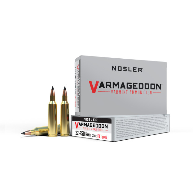 Loaded with a 55gr FB Tipped Varmageddon™ Bullet and Nosler® Premium Brass

Nosler Varmageddon® ammunition is loaded with Nosler Varmageddon® bullets, delivering high velocities and exceptional terminal performance on varmints at all practical ranges. The bullet’s special lead-alloy core combines with the copper-alloy jacket to violently expand upon impact while the flat base design brings you bench-rest accuracy. Created for the high-volume varmint shooter, Nosler Varmageddon® ammunition provides Nosler’s legendary quality and accuracy at an economical price.

 

MPN	65155
Cartridge	22-250 Remington
Ammunition Use	Varmint
Bullet Profile	Flat Base Tipped
Bullet Type	Varmageddon
Bullet Weight	55 gr
Lead Free	No
Test Barrel Length	24"
Test Barrel Twist	1-14"
Muzzle Velocity	3550 fps
Muzzle Energy	1538 ft-lbs
