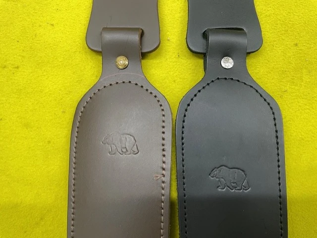 Custom Handmade Adjustable Black Leather Padded Sling w/Thumb Loop, No Swivels - Bear Stamp	