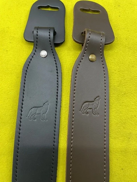 Custom Handmade Adjustable Brown Leather Rifle Sling w/No Swivels - Wolf Stamp
