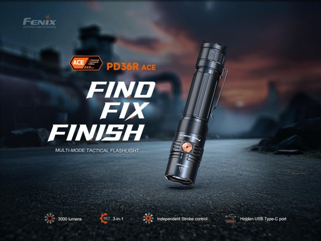 The Fenix PD36R ACE Rechargeable Flashlight pushes lighting to the next level. Delivering an impressive 3000 lumens of brightness and throwing light 1362 feet (415 meters), the PD36R ACE is built for users who want more power, more range, and more control.

The PD36R ACE is built on everything that makes the popular PD36R flashlights best-sellers, but with an added level of operational customization. What sets the ACE line apart is its exclusive SET button, hidden beneath the flashlight’s neck. This function allows you to choose how your light operates. Select preset option 1 for Turbo-only output, option 2 for Eco, Medium, and Turbo, or option 3 for the full range of modes—you can even deactivate Strobe if desired.

Built from durable A6061-T6 aluminum with a HAIII hard-anodized finish, the PD36R ACE is designed to withstand tough conditions. A hidden USB-C port adds to its IP68 waterproof rating and the  battery indicator helps ensure the included 5000mAh battery is 100% ready when you need it.

With this degree of power, combined with the ACE level of control, the PD36R ACE is bound to become your next favorite flashlight.

Specifications
Max Lumens: 3000
Max Beam Distance: 1362 feet (415 meters)
Max Runtime: 63 hours 25 minutes
Lighting Modes: Seven lighting modes including five brightness levels, Strobe, and SOS
Bulb Type: Luminus SFT70 Gen2 LED
Lens Material: Glass
Color Temperature: Around 6500K
Size: Length: 5.75” (146mm) Head: 1.18” (30mm) Body: 1.02” (26mm)
Weight: 6.41 oz. (181.6g) including battery
Battery: One included 21700 rechargeable li-on battery
Included: ARB-L21-5000 V2.0 battery, USB Type-C charging cable, Holster, Lanyard, 2 × Spare O-rings
Warranty: Limited Lifetime Guarantee from Fenix Lighting USA
More Information
Utilizes one Luminus SFT70 Gen2 LED with a lifespan of 50,000 hours.
Tactical tail switch for instant activation; neck-mounted switch for output selection.
Hidden USB Type-C charging port in the light neck for convenient charging.
Boot-up battery level indication and low-voltage warning.
Anti-roll and anti-slip body design.
Included body clip for versatile attachment.
Digitally regulated circuit for maintaining a stable output.
Toughened ultra-clear glass lens with an anti-reflective coating.
Reverse polarity protection, to protect from improper battery insertion.
Made of durable A6061-T6 aluminum.
Premium type HAIII hard-anodized anti-abrasive finish.
    