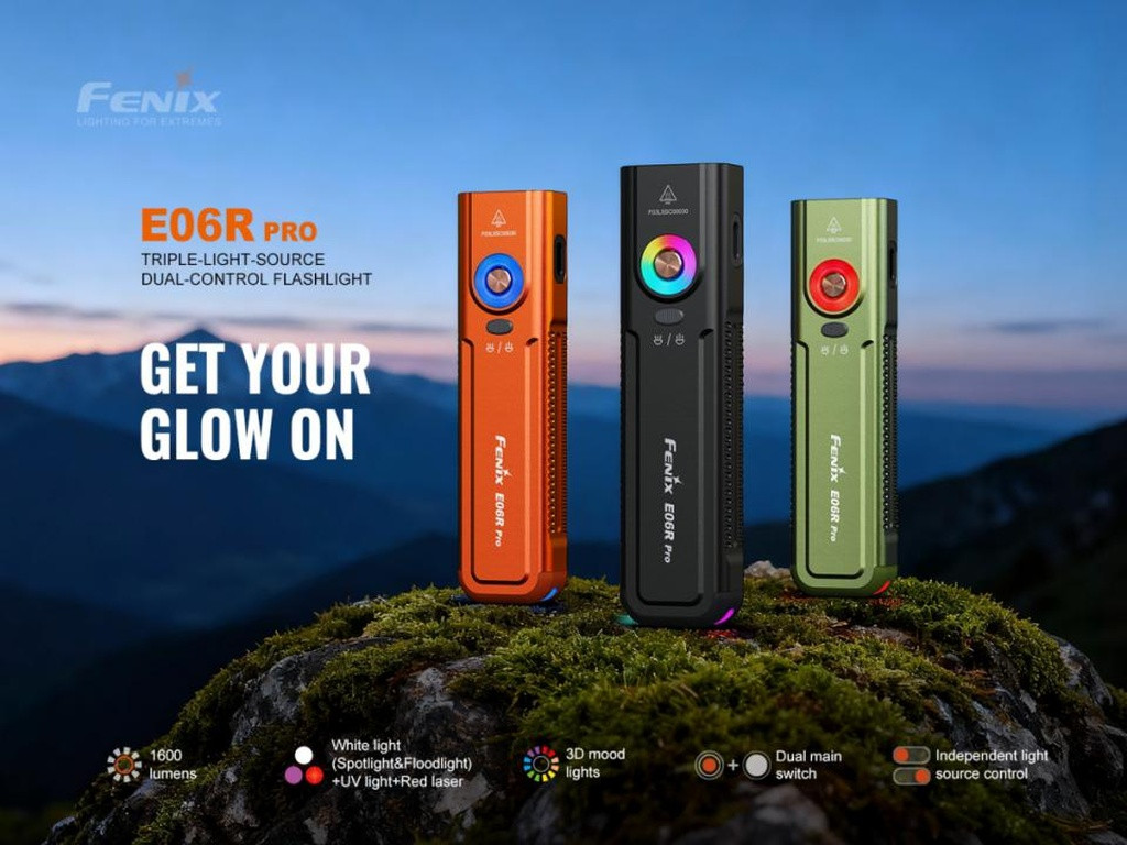 Product Overview
The Fenix E06R PRO Flat Flashlight takes everything you want in an everyday carry flashlight and pushes it one step further. Its spot and flood beams can combine to unleash a 1600 lumen Instant Turbo, giving you the power you need at a moment’s notice. It offers intuitive control through either the independent tail switch or the side switch, all in a sleek, flat-bodied design.

The E06R PRO may be built for everyday practicality, but it’s also packed with extra features to keep you ready for whatever the day brings. Along with five brightness levels for each spotlight and floodlight, it includes a UV light, red laser, Instant Strobe, Instant Turbo, and Scene Mode that enables flashing or full-spectrum color on both a ring around the side switch and tail. Built tough, USB-C rechargeable, and available in a variety of colors, the Fenix E06R PRO Flat Flashlight is engineered for those who want everything from their EDC gear.

Specifications
Max Lumens: 1600
Max Beam Distance: 525 feet (160 meters)
Max Runtime: 111 hours
Lighting Modes: Nineteen lighting modes including five spotlight levels, five floodlight levels, Instant Turbo, Strobe, UV light, red laser, and five colorful scene modes on the ring and tail
Bulb Type: One Luminus SST20 LED and one Luminus SFT25 LED
Lens Material: Glass
Color Temperature: Spotlight around 6500K, floodlight around 5500K
Size: Length: 4.84” (123mm) Width: 1.22” (31mm) Height: 0.75” (19mm)
Weight: 3.67 oz. (104g) including battery
Battery: Built-in rechargeable 1650mAh battery
Included: USB Type-C charging cable, lanyard
Warranty: Limited Lifetime Guarantee from Fenix Lighting USA
More Information
One Luminus SST20 LED and one Luminus SFT25 LED, with a lifespan of 50,000 hours each.
Built-in 1650mAh battery provides a max runtime of 111 hours in Eco mode.
Instant Turbo and Instant Strobe with the tail and neck-mounted switch.
USB Type-C charging.
Multiple light sources including white light (spotlight and floodlight), UV light, and a red laser.
3D light ring provides five lighting effects: Red flash, Blue flash, Red & blue flash, RGB, and Aurora; suitable for both emergencies and relaxation.
Neck-mounted switch+tail switch; dual-switch control.
Separately controlled three light sources.
Flat design allows for easy storage in a pocket.
Keychain hole and belt clip support multiple carrying ways.
IP66-rated protection.
Battery level indication and low-voltage warning.
