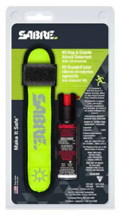 Sabre LED Armband with Dog & Coyote Attack Deterrent – 22g

Sabre Dog Spray with LED Arm Band.

Have the freedom to feel safe pursuing your passions confidently with the #1 brand trusted by police and consumers worldwide.

A confrontation with an aggressive or stray dog or Coyote can be a frightening experience for you and your pet. Sabre Dog Attack Deterrent was designed to give you peace of mind and keep you safe if an encounter turns dangerous.

Sabre Dog Pepper Spray is a effective and humane way to protect yourself and your pet. The formula is strong enough to protect against dogs while not causing long term pain or injury.

The cone spray pattern is dispersed for up to 3m (9.8 ft) and can be fired easily with one hand.

Sabre Dog Spray with LED Arm Band Features & Specifications:
High visibility yellow with LED light for added visibility
One handed operation with safety lock
Nylon front for added durability
Polyester on back side for more breathability and moisture resistance
Twist lock firing mechanism
0.50% Capsaicin (plus 0.44% major Capsaicinoids) will not cause permanent pain or injury to the dog
Maximum range is 3m (9.8 ft) (cone pattern)
Spray time: 14 one second bursts
Environmentally friendly ingredients
Weight: 22g dog spray (P-SDAD-01)