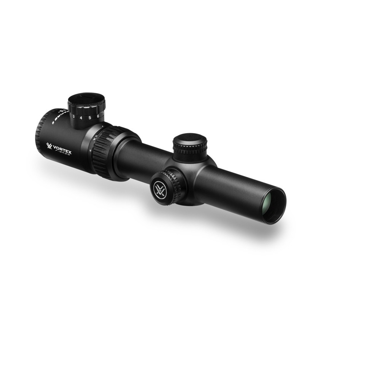 VORTEX CROSSFIRE II 1-4X24 RIFLESCOPE (30MM) V-BRITE
VT-CF2-31037
With long eye relief, a fast-focus eyepiece, fully multi-coated lenses and resettable MOA turrets, there's no compromising on the Crossfire II. Clear, tough and bright, this riflescope hands other value-priced riflescopes their hat. The hard anodized single-piece aircraft-grade aluminum tube is nitrogen purged and o-ring sealed for waterproof/fogproof performance.

SKU	VT-CF2-31037
Magnification	1 – 4
Objective Lens Diameter	24 mm
Eye Relief	4.0 inches
Field of View	96.1–24.1 feet/100 yards
Tube Size	30 mm
Turret Style	Capped
Adjustment Graduation	1/2 MOA
Travel per Rotation	30 MOA
Max Elevation Adjustment	100 MOA
Max Windage Adjustment	100 MOA
Parallax Setting	100 yards
Length	9.61 inches
Weight	14.8 ounces
Riflescope Manual (.pdf)	Download PDF
Included in the Box
Removable lens covers
Lens cloth

 
VIP Unconditional Lifetime Warranty
Crossfire II Dimensions
Lengths
L1	L2	L3	L4	L5	L6
9.61	2.78	1.90	6.17	–	3.44
Heights
H1	H2
1.18	1.73
Dimensions measured in inches.

OPTICAL FEATURES
Fully Multi-Coated	Increases light transmission with multiple anti-reflective coatings on all air-to-glass surfaces.
Second Focal Plane Reticle	Scale of reticle maintains the same ideally-sized appearance. Listed reticle subtensions used for estimating range, holdover and wind drift correction are accurate at the highest magnification.
Illuminated Centre Dot	Provides a precise aiming point under low-light conditions.
CONSTRUCTION FEATURES
Tube Size	30 mm diameter.
Single-Piece Tube	Maximizes alignment for improved accuracy and optimum visual performance, as well as ensures strength and waterproofness.
Aircraft-Grade Aluminum	Constructed from a solid block of aircraft-grade aluminum for strength and rigidity.
Waterproof	O-ring seals prevent moisture, dust and debris from penetrating the riflescope for reliable performance in all environments.
Fogproof	Nitrogen gas purging prevents internal fogging over a wide range of temperatures.
Shockproof	Rugged construction withstands recoil and impact.
Hard Anodized Finish	Highly durable low-glare matte finish helps camouflage the shooter's position.
Capped Reset Turrets	Allow re-indexing of the turret to zero after sighting in the riflescope. Caps provide external protection for turret.
CONVENIENCE FEATURES
Fast Focus Eyepiece	Allows quick and easy reticle focusing.