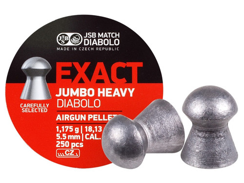JSB 18.13 grain pellets are manufactured in Bohumin, Czech Republic by Joseph Schulz, are considered by many to be the most accurate pellets available in the entire world. The Exact Diabolo is an intermediate weight, round nose pellet that will deliver improved flight stabilization and fine accuracy. Ammunition for seriously powerful air guns. Have you really got a powerful weapon? Then Exact Heavy is the right choice! They are heavy, stable and accurate.

Caliber: .22
Weight: 18.13 grain
Nose: Domed
Quantity: 500 Count
Specs
ManufacturerJSB
Caliber .22
Ammo Type Pellets
Ammo Weight 18.13 grains
Pellet Shape Domed/Round nose
Pellet Quantity 500 ct
Drag Model GA