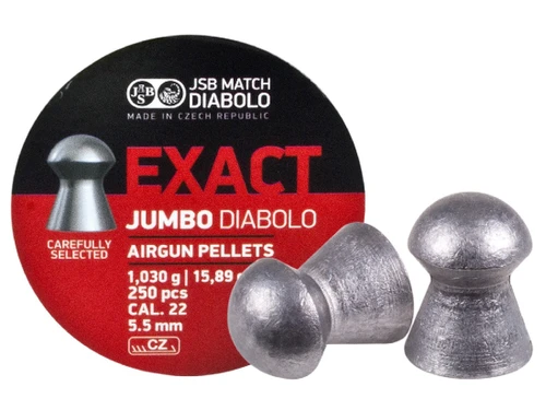 Exact Jumbo

Characteristics: It forms a solid basis of our company's ammunition offer in cal .22. But this is not just any basic model. For its perfect equipment, quality and design, it is rightly considered a top product and is the best-selling of the entire Exact Jumbo range!

Muzzle velocity when setting the weapon to 16J: 175m/s.

Ammunition tested by firing at 45 meters. The desired result of 5 shots after 5 shots is an average central scatter of up to 16 mm.

Thanks to their weight, specially designed shape, perfect center of gravity distribution and coaxiality, Exact Jumbo products are the best choice for shooting at long distances. Exacty, like all other products, undergoes careful manual output quality control.