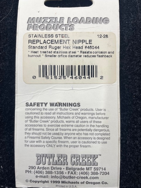 Used - Brand new in factory packaging - Butler Creek Muzzle Loading products set of 6 stainless steel nipples for the Ruger Old Army. Part number 46044