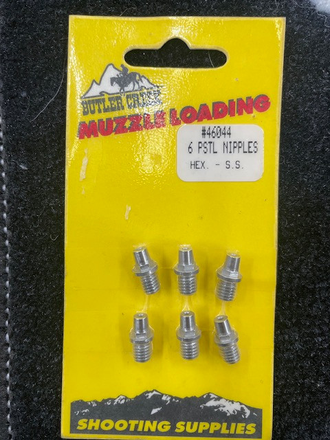 Used - Brand new in factory packaging - Butler Creek Muzzle Loading products set of 6 stainless steel nipples for the Ruger Old Army. Part number 46044