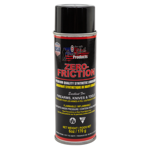 Zero Friction Fine Mist Spray 6 fl. oz. Can 
Designed, Engineered & Made in USA 

 

Zero Friction is an Ultra High Tech Advanced Synthetic Lubricant. It is a non-gumming metal treatment and protectant that clings to metal parts and provides superior lubrication for smooth and flawless operation of all moving parts.

 

Extreme Weather/Temperature Multi-Functional Lube:  Works From: -75 degrees F to over 450 F.  In Extreme Cold or Heat, Zero Friction keeps your firearm operating at peak performance. 

 

 

The combination of a premium synthetic base and superior additives make Zero Friction the best metal to metal and corrosion protection available!

 

First we use, Extreme Pressure additives for the change in temperature and pressures when shooting. Then, we combine the Anti-Wear additive, which ensures all metal to metal parts function smoothly. To Finish the combination, there is a unique blend of Anti-Oxidants and Rust Prevention additives to provide Rust Inhibitor and Corrosion Protection.


Zero Friction Features & Benefits:

·         Premium Synthetic base specially designed for firearms       
·         Extreme Pressure Additive
·         Anti-Wear Additive
·         Anti-Oxidant Additive
·        Rust & Corrosion Prevention Additives
·        Provides Superior smooth performance and protection on all moving metal parts. 
·        Made in USA 