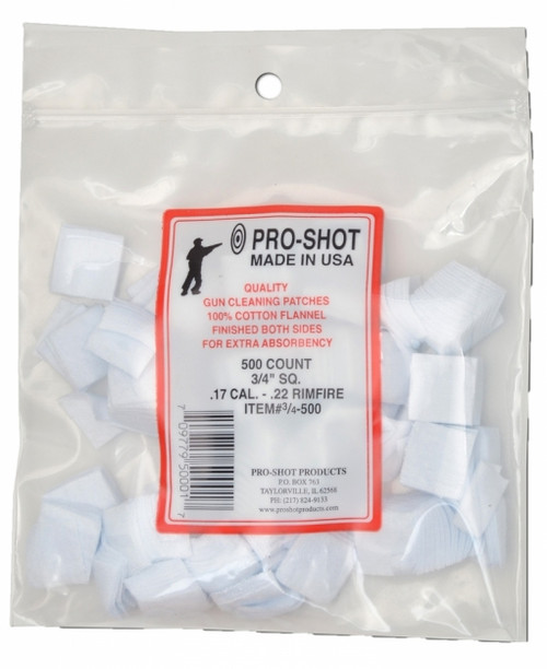 .17 Cal. / .177 Air Gun / .22 Cal. Rimfire -  3/4" Square 500 Count

American grown Cotton & American Design come together to form the best cleaning patch in the world! Experience the advantage with Pro-Shot's Superior Weave Technology (SWT), our High thread count with tightly woven material along with our double napped finish on both sides.  Our (SWT) Superior Weave Technology creates a cleaning patches that have become known worldwide for their unparalleled cleaning ability.  Dozens of world records have been shattered with shooters using our cleaning patches!  Pro-Shot Cleaning Patches are the foremost in cleaning technology and quality, often imitated, never duplicated!!

The fact is well-known that nothing surpasses 100% COTTON FLANNEL FABRIC for purposes of absorbing foreign matter and residue, and in turn carry it through the BORE with the LEAST amount of abrasive contact to the barrel’s rifling.  Pro-Shot's cleaning patches provide Maximum Cleaning Power and Barrel Protection! Clean Faster, Easier, and Protect your barrel with Pro-Shot 100% Cotton Flannel (finished both sides) Cleaning Patches!  

• American Grown finest quality cotton, milled in America to Pro-Shot Specifications
• Consistent thickness, shape, and white in color
• Designed to handle all solvent types, even harsh chemicals
• SWT- Superior Weave Technology- Exclusive thread count with a weave designed to catch/trap more fouling
• Finished on both sides for extreme absorbency
• Packaged in reusable zipper top bags
• Made in USA 