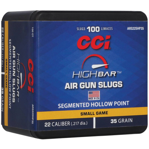 Product Overview
Modern air rifles and pistols are more capable than ever, and CCI® gives shooters who use air guns the projectiles that make them more accurate, powerful and deadly on game. High BAR™ air gun slugs are built with the same precision and consistency as CCI’s legendary rimfire bullets. Offered in both standard hollow points and our exclusive Segmented Hollow Points, these projectiles make air rifles even more at home in the woods.

Slugs optimized for accuracy and terminal performance through modern air guns
22-caliber Segmented HP and hollow point designs
100-count packs
Accurate and consistent
Specs
Caliber	.22
Grain Weight	30
Bullet Style	Hollow Point
Package Quantity	100